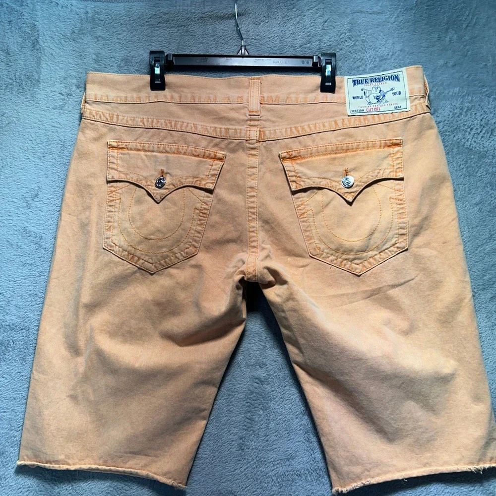 Y2K True Religion Orange Denim Cut Off Shorts Size 42 World Tour Flap Pocket Big